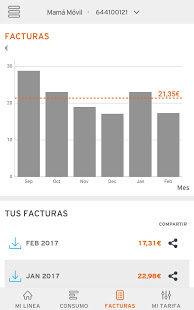 Muestra pantalla de la APP móvil de Simyo en la sección de revisa tus facturas