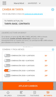 Muestra pantalla de la APP móvil de Simyo en la sección de cambia tu tarifa