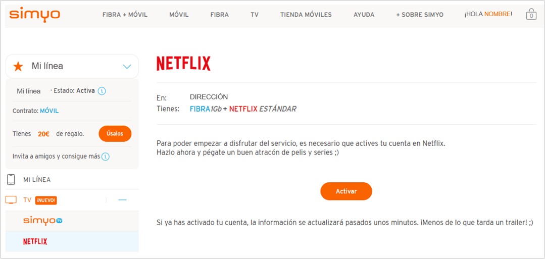 Imagen del apartado del área personal para activar la suscripción de Netflix