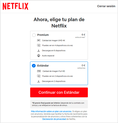 Imagen de la pantalla para elegir el plan de Netlix