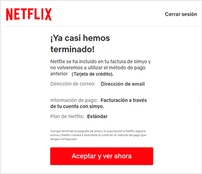 Imagen de la pantalla para confirmar los datos y finalizar la suscripción de Netflix