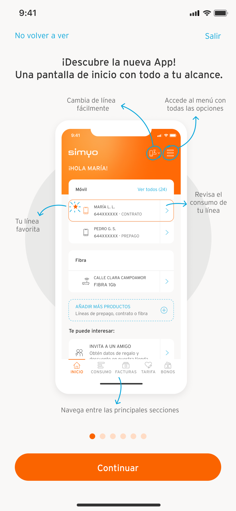 Muestra pantalla de la APP móvil de Simyo en el inicio