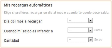 Vista de las opciones de recarga automática: día del mes a recargar, cuando mi saldo es inferior a y
cantidad
